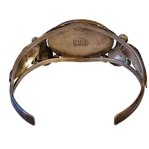 Native American Snowflake Obsidian Sterling Silver Cuff Bracelet Signed L Pina - Picture 8 of 13